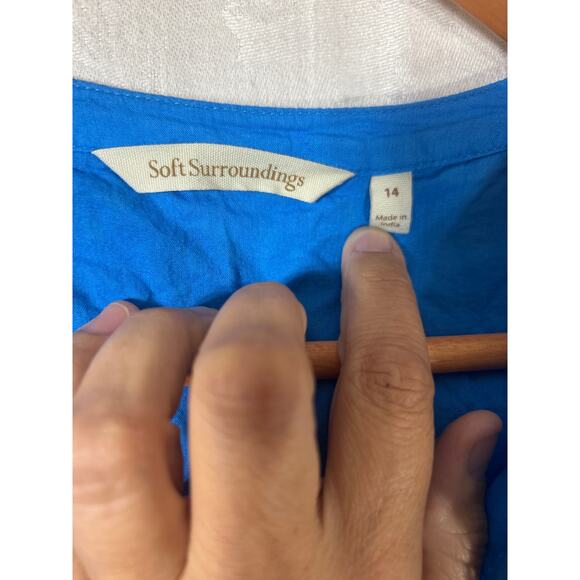 Soft Surroundings Dress 14 Blue Eyelet Tiered Long Slv Knee Length Lined Crochet - Picture 6 of 9